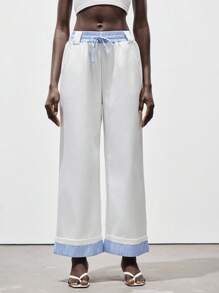 Lumivelle Plaid Striped Patchwork Casual Women's Design Sense Loose Straight Wide Leg Pants, Comfortable For Going Out, Dating, Commuting, Versatile All White Casual Outfits Spring Clothes For University Fall Cloth For Women