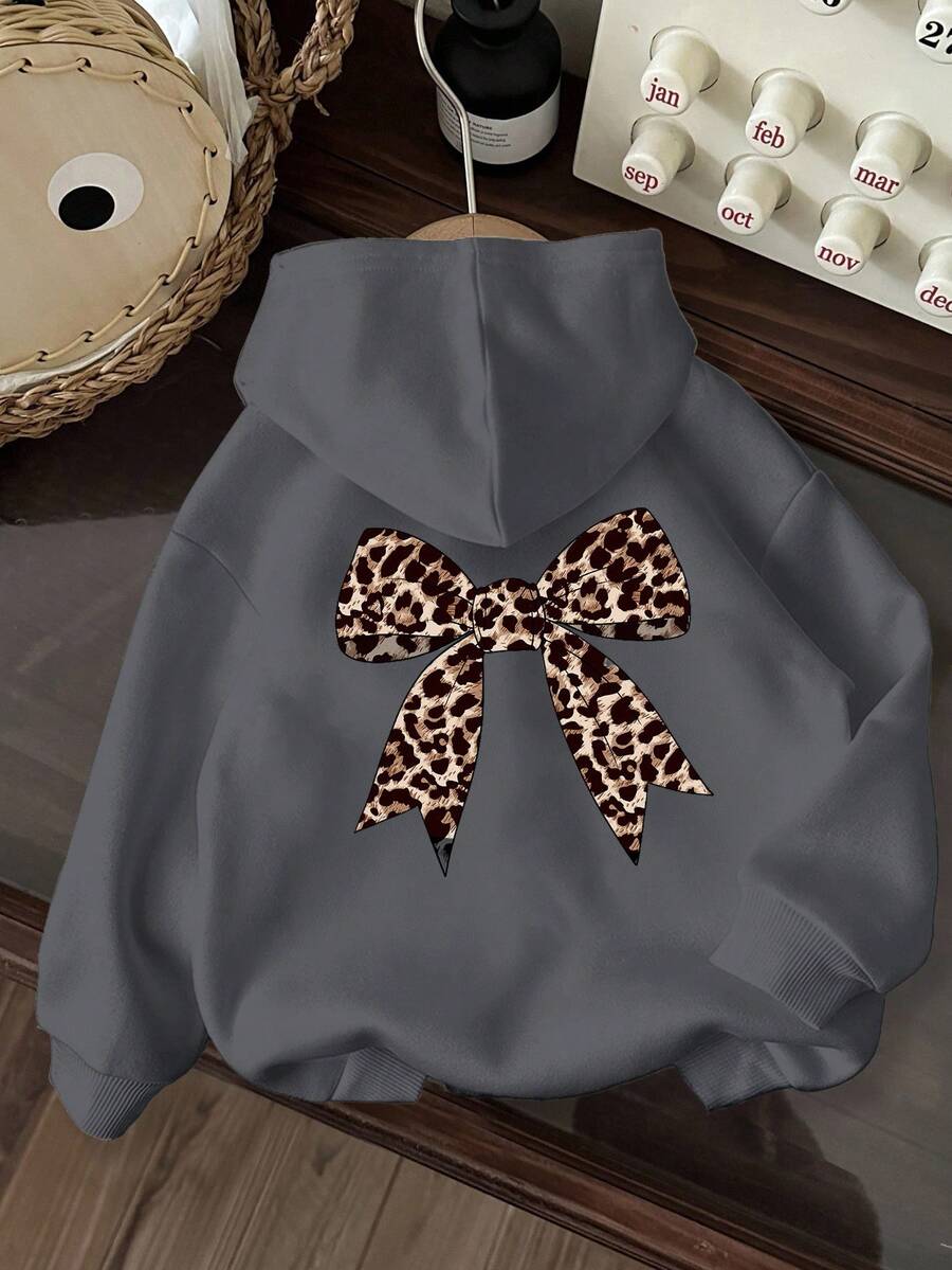 Tween Girl Casual Cartoon Pattern Long Sleeve Hooded Pullover Sweatshirt, Leopard Print Bow,In Fall/Winter - Grey - View 1