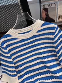 Franclia New Hollow Striped Short Sleeve Crew Neck Cropped Knit Top For Women (Random Hollow Design) - Multicolor - View 3