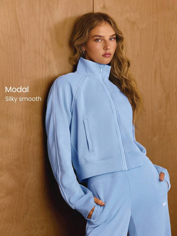 SoftCalm Modal Contrast Piping Waist-Length Thumbholes Fitted Zip-Up Sweatshirt Daily Casual Wear