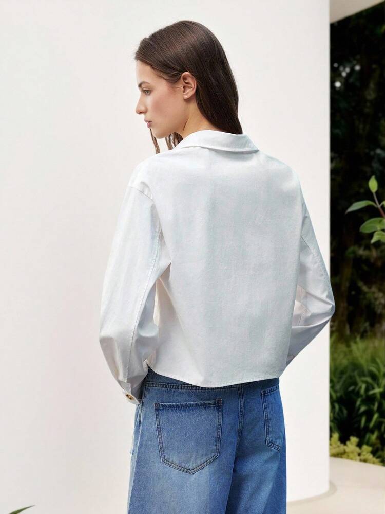 SHEIN Maija 2025 Classic Embroidered Hollow Hem Natural Fiber Comfortable Loose White Basic Jacket For Women, Suitable For Early Autumn Vacation White White Crop Top Jacket White Cropped Jacket White White Button Up Jacket Embroidered Cotton Fabric Going Out