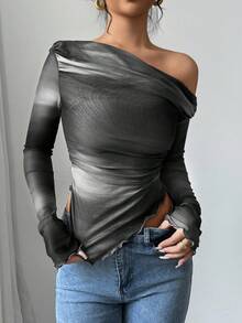 Firerie 女士时尚通勤扎染不对称长袖T恤 - 灰色 - 查看 4