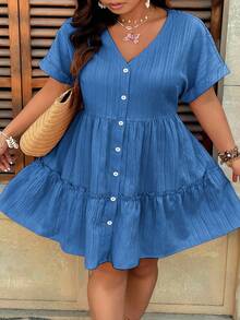 SHEIN CURVE+ CURVE+-D Plus Size V-Neck Textured Fabric Raglan Sleeve A-Line Layered Ruffle Hem Casual Dress For Outing, Party, Date, Vacation