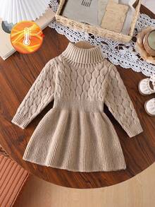 SHEIN Baby Girls Khaki High Collar Pullover A-Line Sweater Dress, Soft Knit Fabric Suitable For Outdoor & Indoor Wear, Autumn/Winter Fall - Khaki - View 1