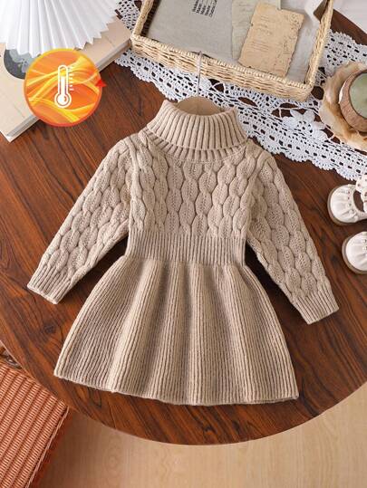 SHEIN Baby Mädchen Khaki Pullover Kleid mit hohem Kragen und A-Linie, weiche Strickware geeignet für drinnen und Outdoor, Herbst/Winter