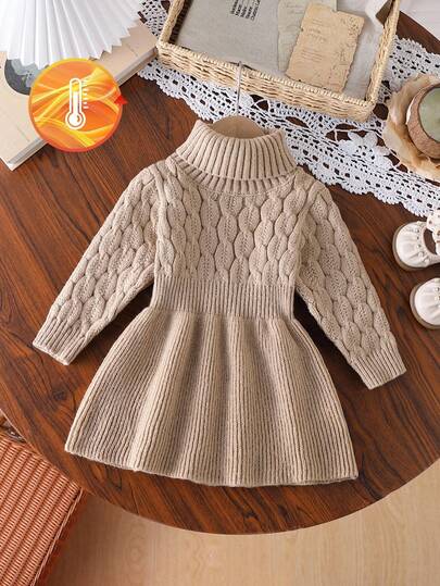 SHEIN Baby Girls Khaki High Collar Pullover A-Line Sweater Dress, Soft Knit Fabric Suitable For Outdoor & Indoor Wear, Autumn/Winter Fall
