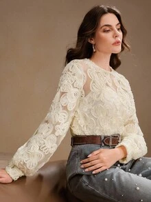 Anewsta 优雅刺绣镂空女士罩衫，高端别致的氛围 - 杏色 - 查看 5