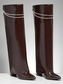 SHUZIA Botas altas hasta la rodilla con punta puntiaguda, tacón de bloque y correa con brillo para mujer - Marrón Chocolate - Ver 6