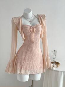 Elamini 2 件套女士秋冬时尚蕾丝花边吊带背心和蕾丝领收腰 A 字迷你连衣裙套装 - 粉色 - 查看 8