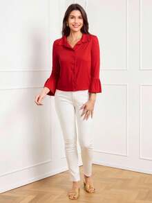 Miaspire Women's Casual Minimalist Solid Color Flared Cuff Button Front T-Shirt - Red - View 6