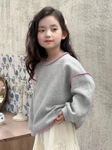 DAZY 女童圆领撞色缝线装饰长袖卫衣，秋冬季 - 灰色 - 查看 9