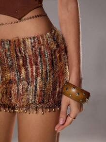 SHEIN Unity 1pc Women's Brown Halloween Party Autumn/Winter Mixed Color Fuzzy Elastic Knit Fabric Retro Soft Beaded Fitted Shorts, Casual & - Brown - View 6