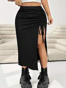 Solflare 大码女式纯色抽绳侧开衩时尚半身裙情人节 - 黑色 - 查看 7