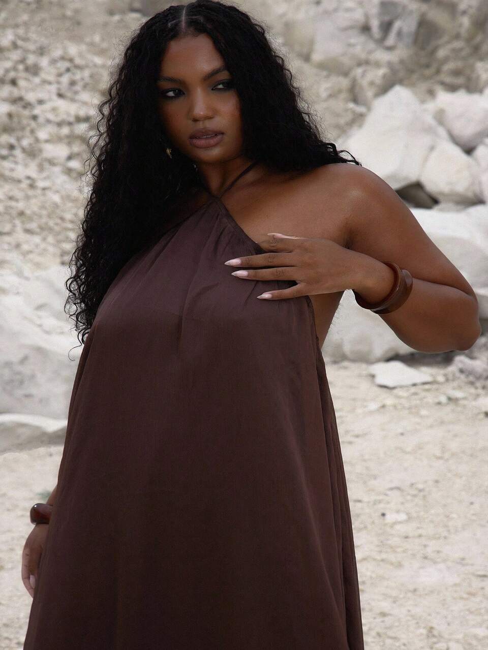 Curve Brown Chiffon Sheer Halterneck Flowy Maxi Dress