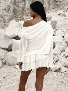 MUSERA 不对称领口垂褶雪纺荷叶边长袖迷你连衣裙，适合夜晚外出、生日等场合，优雅秋季派对、春夏假期穿着。 - 奶油色 - 查看 4