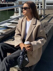 DAZY Women's Loose Mid-Length Overcoat, Autumn/Winter - Khaki - View 1