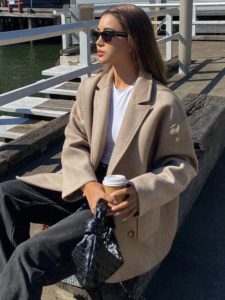 DAZY Women's Loose Mid-Length Overcoat, Autumn/Winter - Khaki - View 1