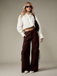 MISSGUIDED 阔腿工装裤，带抽绳细节，褶饰口袋，高腰街头风，秋冬长裤，时尚潮流下装 - 棕色 - 查看 3