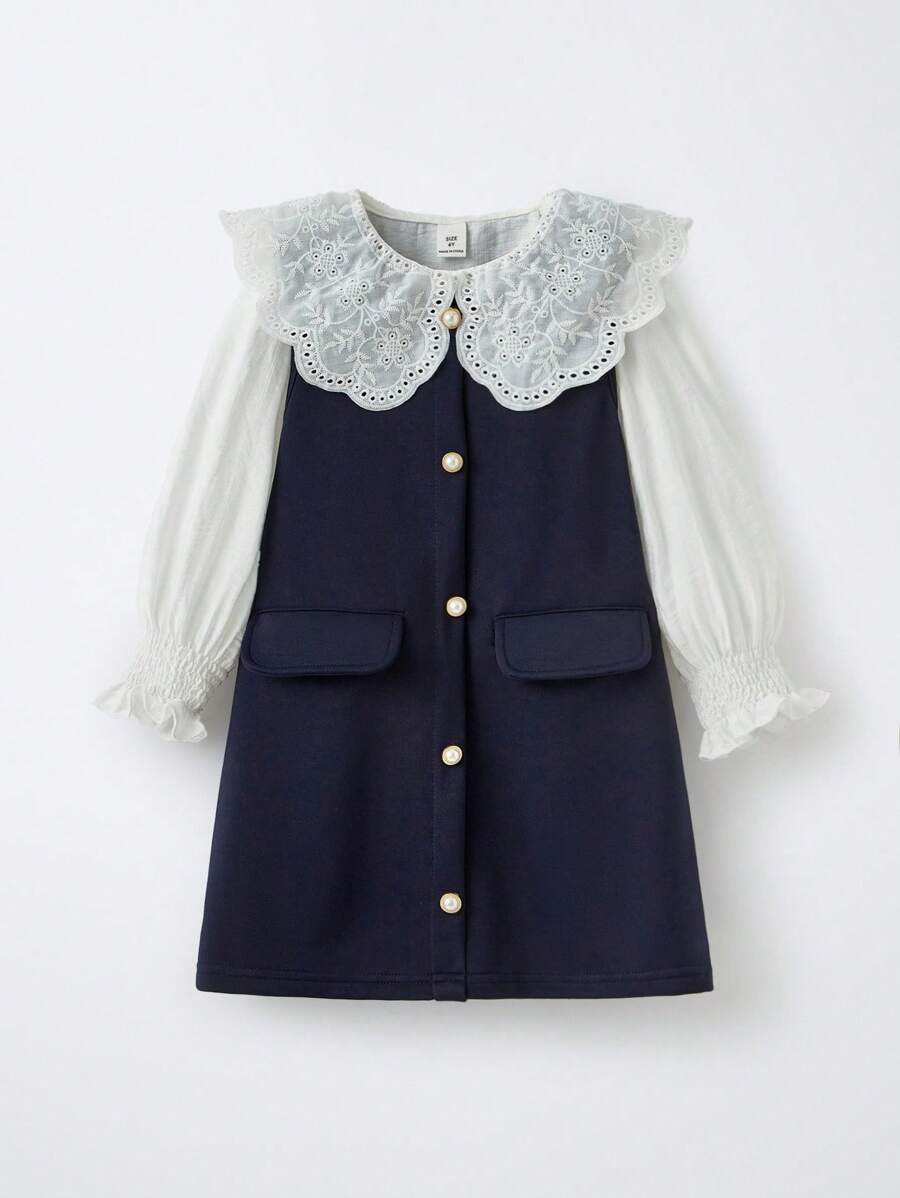 SHEIN Maija Kids 2件套少女彼得潘领长袖衬衫裙套装