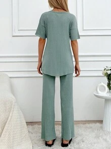 EURMUSE 2pcs/Set Women's Flower Print Detail Gomewear Lounge Set - Mint Green - View 2