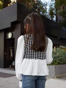 青少年女孩休闲日常翻领拼接千鸟格泡泡袖 A 字下摆衬衫，开学季 - 黑與白 - 查看 2