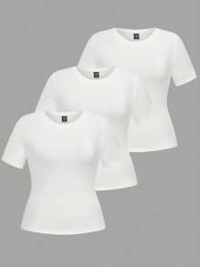 EMERY ROSE 3pcs/Set Plus Size Women's Solid Color Round Neck Basic Short Sleeve T-Shirts - White - View 1