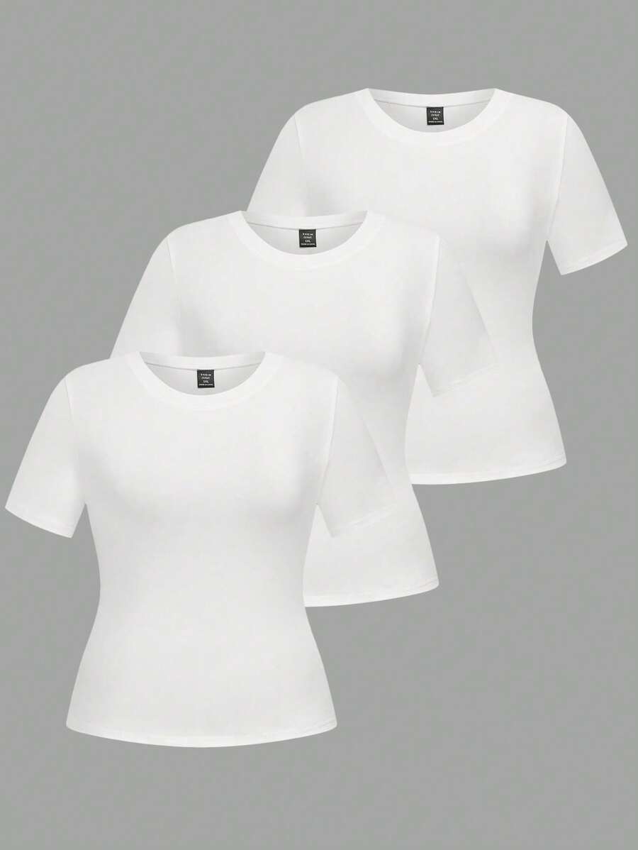 EMERY ROSE 3pcs/Set Plus Size Women's Solid Color Round Neck Basic Short Sleeve T-Shirts - White - View 1