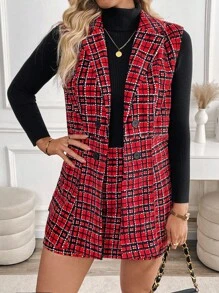 SHEIN LUNE Women's Plus Size Plaid Pattern Vest + A-Line Midi Skirt 2 Pieces Set, Elegant For Daily Commute - Red - View 1