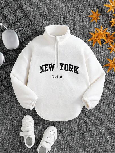 SHEIN Young Girl Solid Color Fluffy Embroidered Stand Collar Half-Zip Casual Hoodie New York Sweatshirt Usa Sweatshirt Girls Sweatshirt Kids Sweatshirt Kids Zip Up Sweatshirt