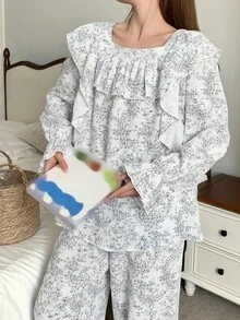 DAZY Conjunto de pijama de mujer con un encantador diseño de dibujo de líneas y dobladillo con volantes, ropa de otoño - Gris - Ver 4