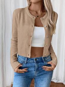 EMERY ROSE Áo khoác len cardigan dệt kim màu trơn trang trí nút nhẹ thời trang xuân/hè cho nữ - Màu Khaki - Xem 5