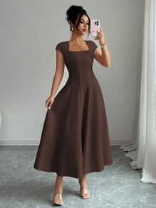 Elenzga Women's Elegant Solid Color Square Neck Waist Tie Splice Flared A-Line Short Sleeve Midi Dress, Suitable For Commute, Beach, Vacation, Music Festival, Beer Festival In Spring And Summer