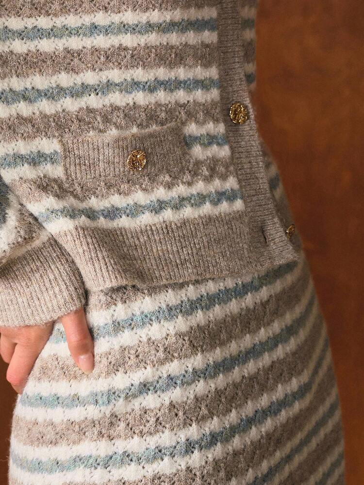 COLORBLOCK STRIPED PATTERN BUTTON UP TOP & SKIRT SWEATER CO-ORD