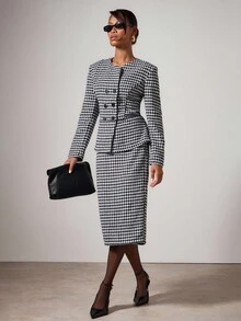COSMINA 女士优雅格子西装两件套，秋冬 - 黑與白 - 查看 4