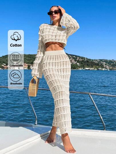 EURMUSE Plus Size Solid Color Hollow-Out Knit Cover Up & Shorts Beach Vacation Set