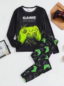 SHEIN 2 件套青少年男孩舒适贴身荧光游戏机图案纯黑色圆领长袖和长裤休闲家居睡衣套装 - 黑色 - 查看 2