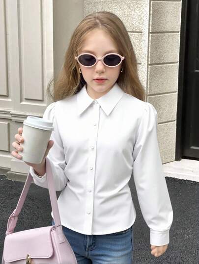 SHEIN 青少年女孩白色长袖衬衫，带腰带，修身款，休闲日常穿着，春秋季，长袖衬衫，秋季衬衫，返校衬衫