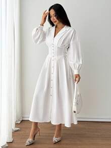 SHEIN PETITE Women's Front Button Solid Color Elegant Long Sleeve Dress Long Evening Dresses White Button Up Dress White Shirt Dress