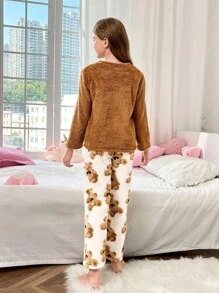 SHEIN 少女棕熊图案口袋运动衫和柔软毛绒熊印花睡裤两件套睡衣套装，舒适秋冬