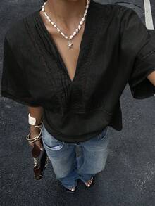 Siren Gaze Blusa de mezcla de lino con encaje a rayas para mujer