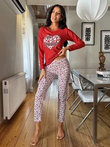 RueChic 100%Cotton Heart & Slogan Graphic PJ Set - Red - View 3