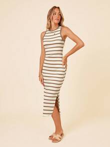 Coeurva Black & White Striped Slim-Fit Side Slit Midi Dress, Casual Summer Holiday/Office Wear - Khaki - View 7