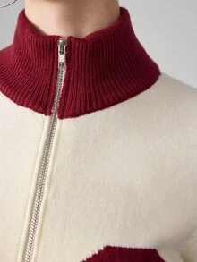 ROMWE Avant 2pcs Women Millennium Babe Retro Numeric Pattern Cardigan And Shorts Knit Set - Apricot - View 9