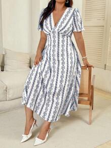 Vionelle Plus Size Women's Elegant Puff Sleeve V-Neck Vintage Print Cinched Waist Midi Dress, Spring/Summer/Autumn - Blue and White - View 7