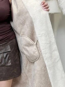 SHEIN EZwear 大码女式纯色长袖双排扣休闲仿皮草外套，适合秋季、冬季、乡村音乐会、锐舞派对、商务休闲、办公室、工作、教师等场合。 - 白色 - 查看 5