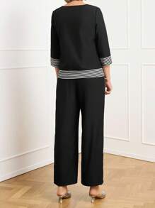 Miaspire 2pcs/Set Women Striped Round Neck 3/4 Sleeve Casual Top And Pants Setsummer Outfits,Vacation Outfits Women,Going Out Outfits - Multicolor - View 4