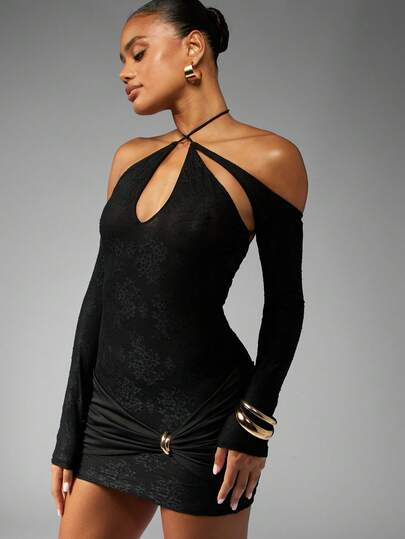long sleeve halter dress Cocomelody Satin Formal Dress Hunter Prom Dress CS0603, Marigold main image 1