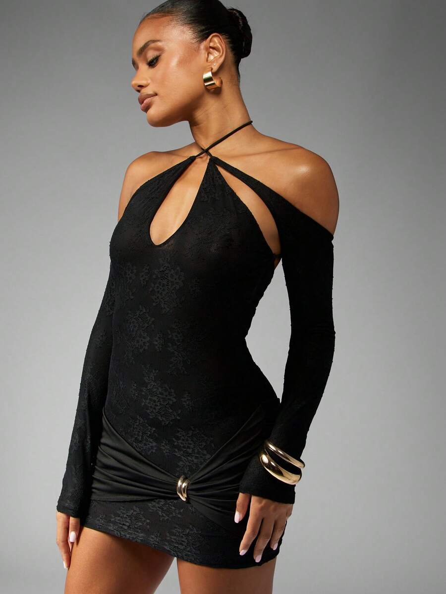 MISSGUIDED Luxury Cut Out Halter Mini Dress Long Sleeve Party Club Bodycon O Ring Ruched Evening Fall Winter Dress - Black - View 1