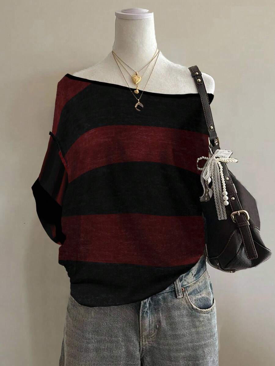 Attitoon Casual Minimalist Black & Red Full Print Off Shoulder Loose Short Sleeve T-Shirt For Women, Suitable For Summer,Fall Tops - Multicolor - View 1