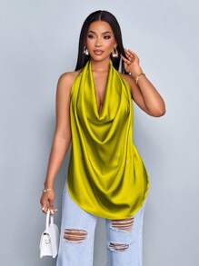 SOLERSUN Áo vest dệt vải dệt kim cổ chữ V sâu màu mơ bóng dành cho nữ mùa xuân và mùa hè, áo vest hở lưng, cổ bẻ, viền cong - màu xanh lá - Xem 5